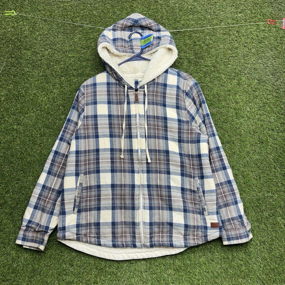 LL Bean Jacket Womens Medium Plaid Sherpa Lined Flannel Hooded Relaxed Shacket